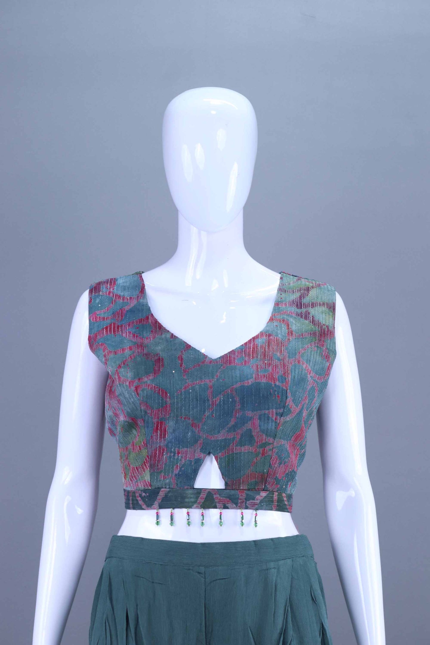 Designer Green Printed Co Ord Set with Crop Top, Jacket Palazzo Pants