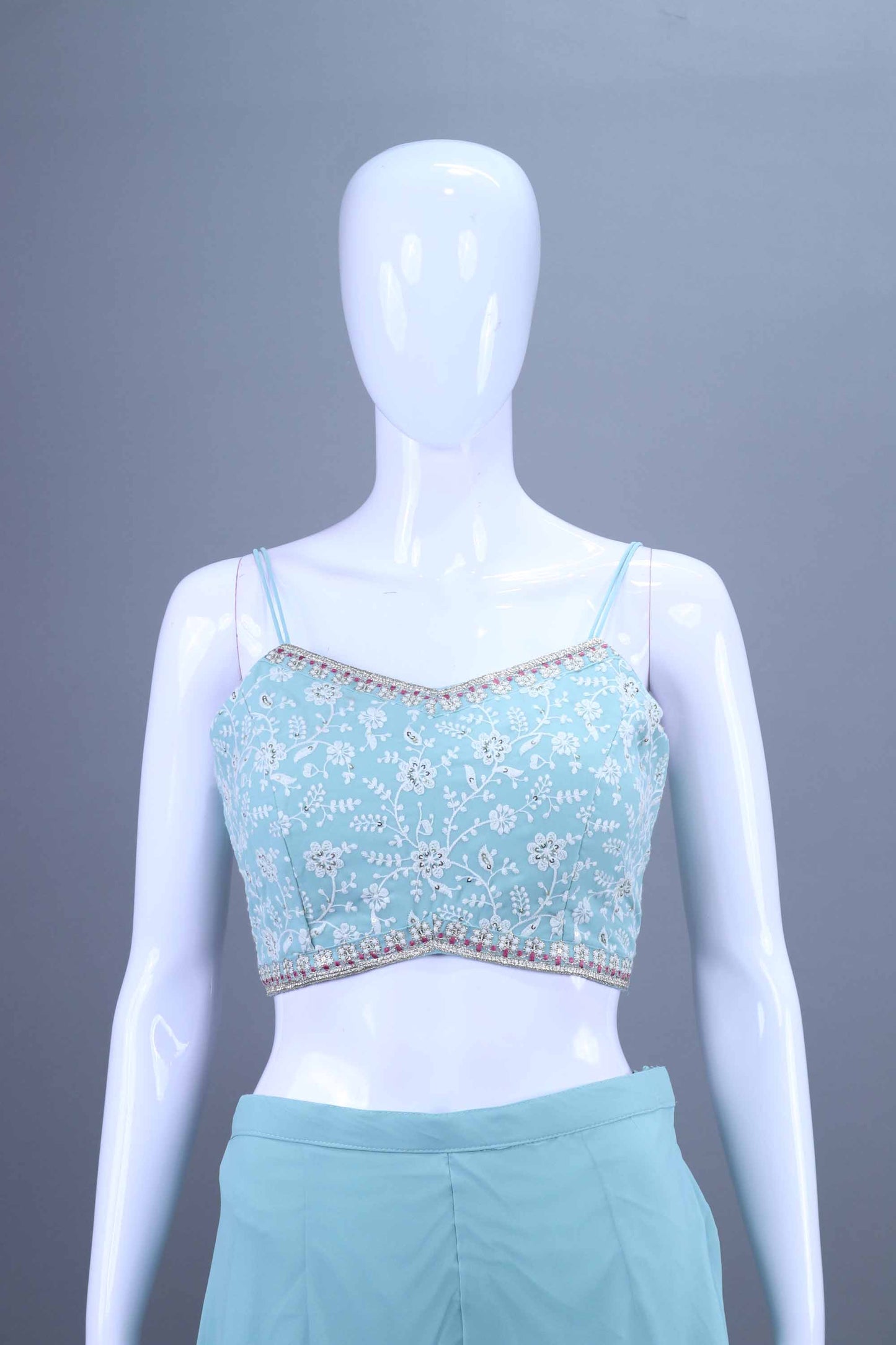 Sky Blue Embroidered Crop Top With Jacket and Palazzo Set