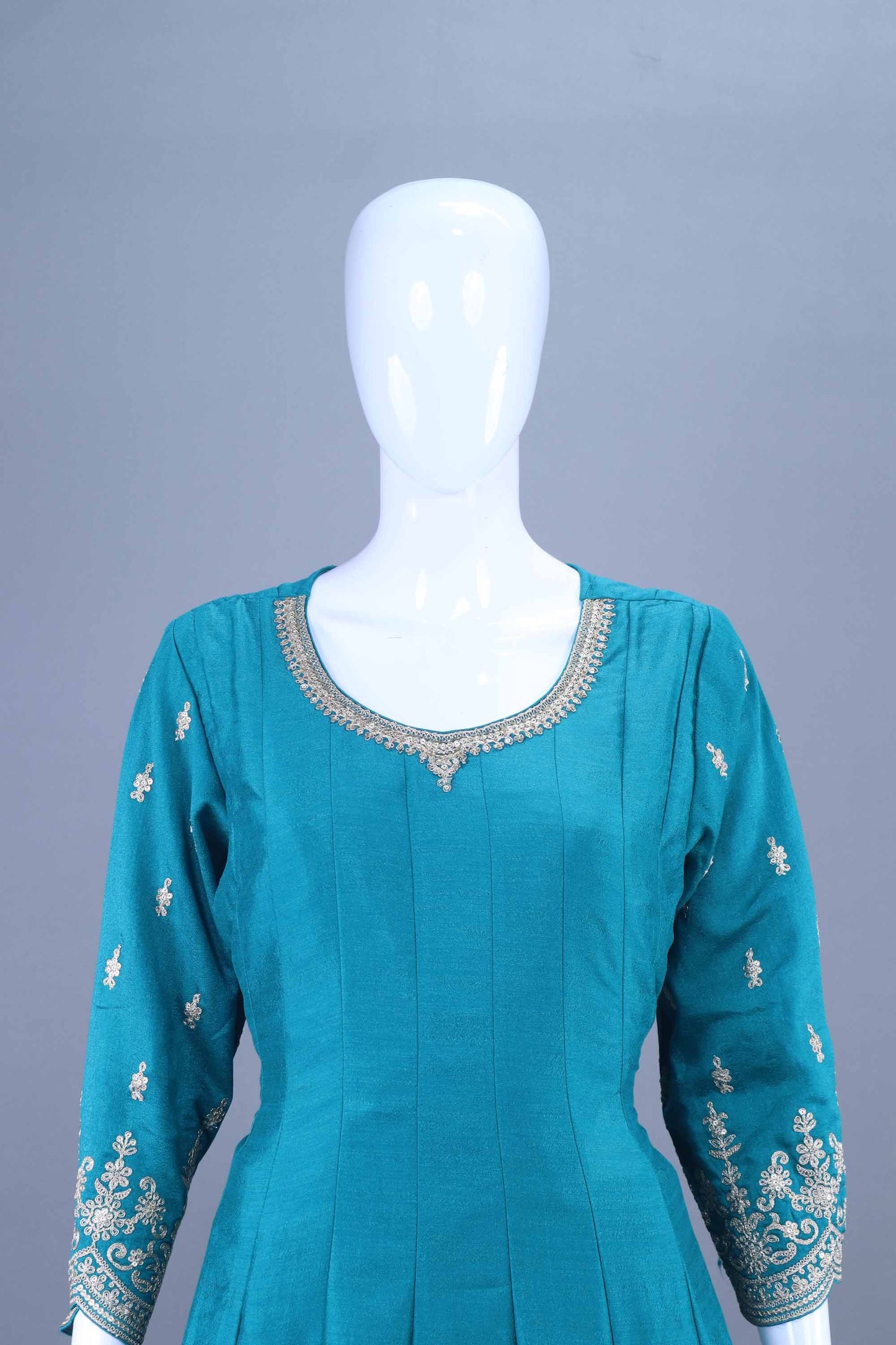 Teal Blue Embroidered Straight Kurta Set with Floral Printed Dupatta