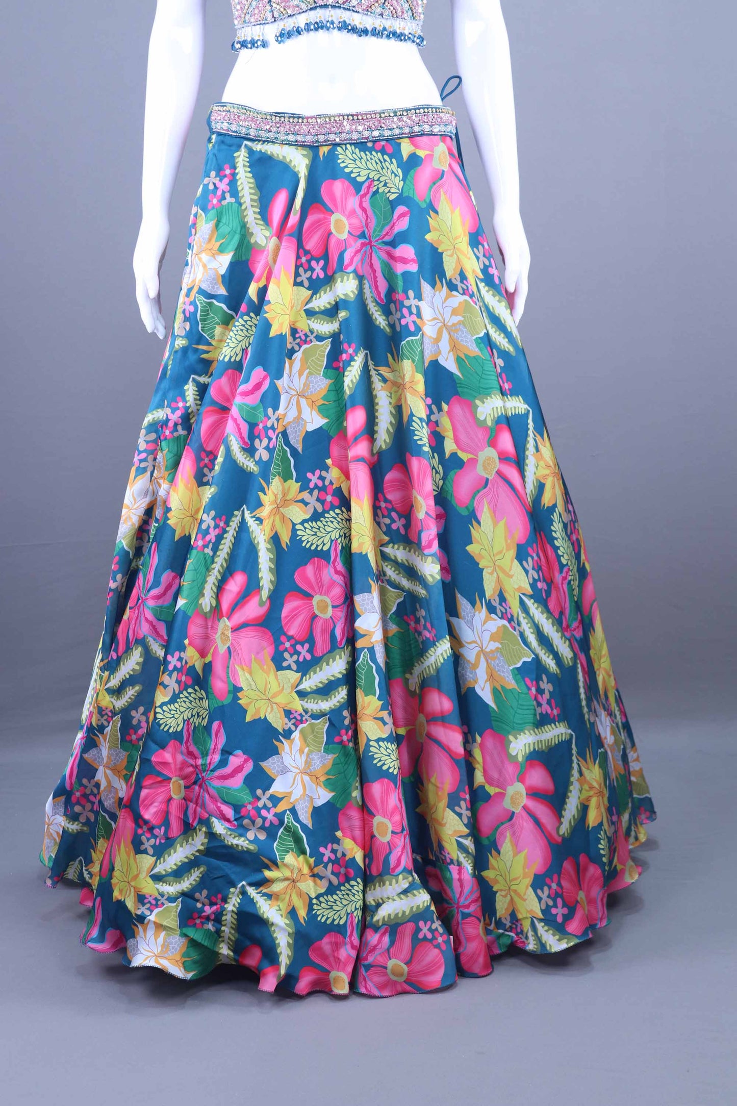 Designer Blue Lehenga Choli with Embellished Blouse Ruffled Dupatta