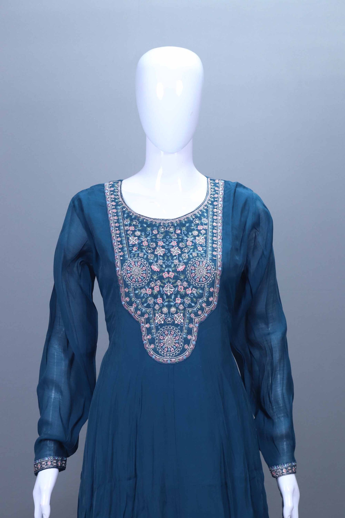 Teal Blue Embroidered Silk Straight Suit Set with Matching Dupatta