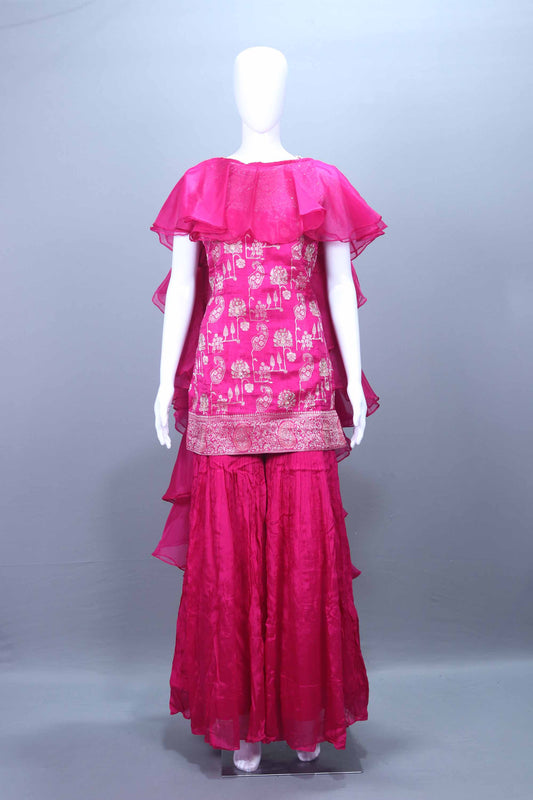 Rani Pink Printed Kurti with Ruffle Cape and Sharara Set Festive Wear