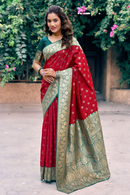 Premium Red Banarasi Silk Zari Woven Designer Saree for Women
