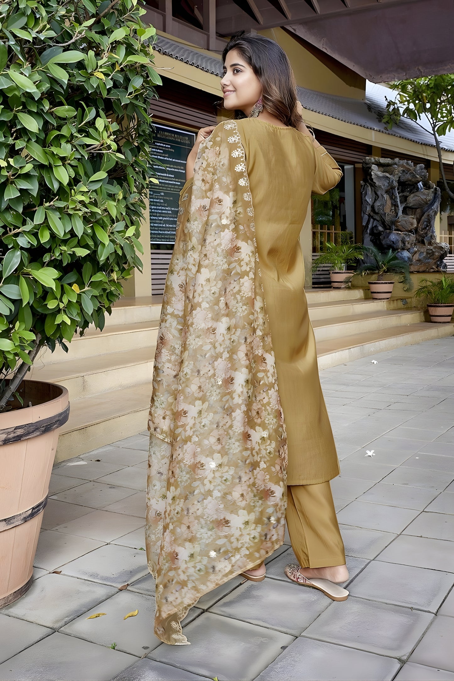 Trendy Beige Embroidered Straight Suit with Printed Dupatta for Festive and Party Wear