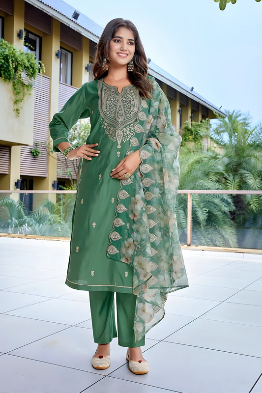 Beautiful Green Embroidered Straight Suit with Floral Printed Dupatta for Festive and Party Wear