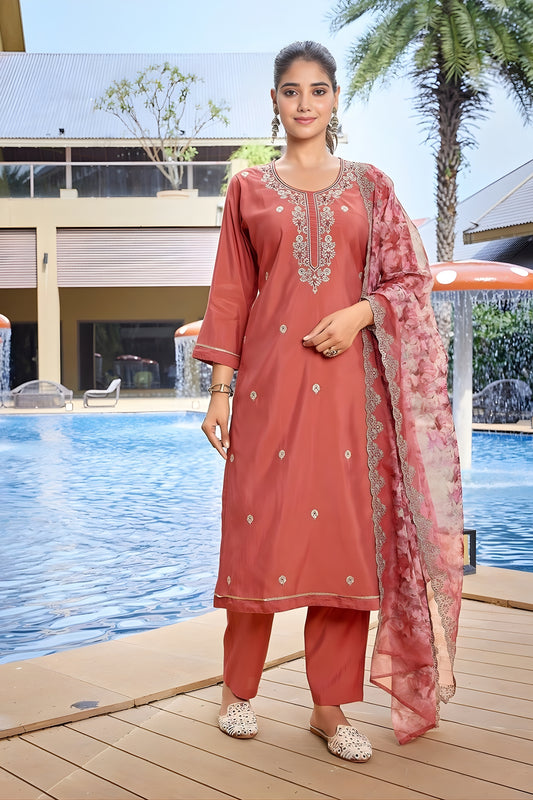 Ideal Rust Orange Embroidered Straight Suit with Floral Printed Dupatta for Festive and Party Wear