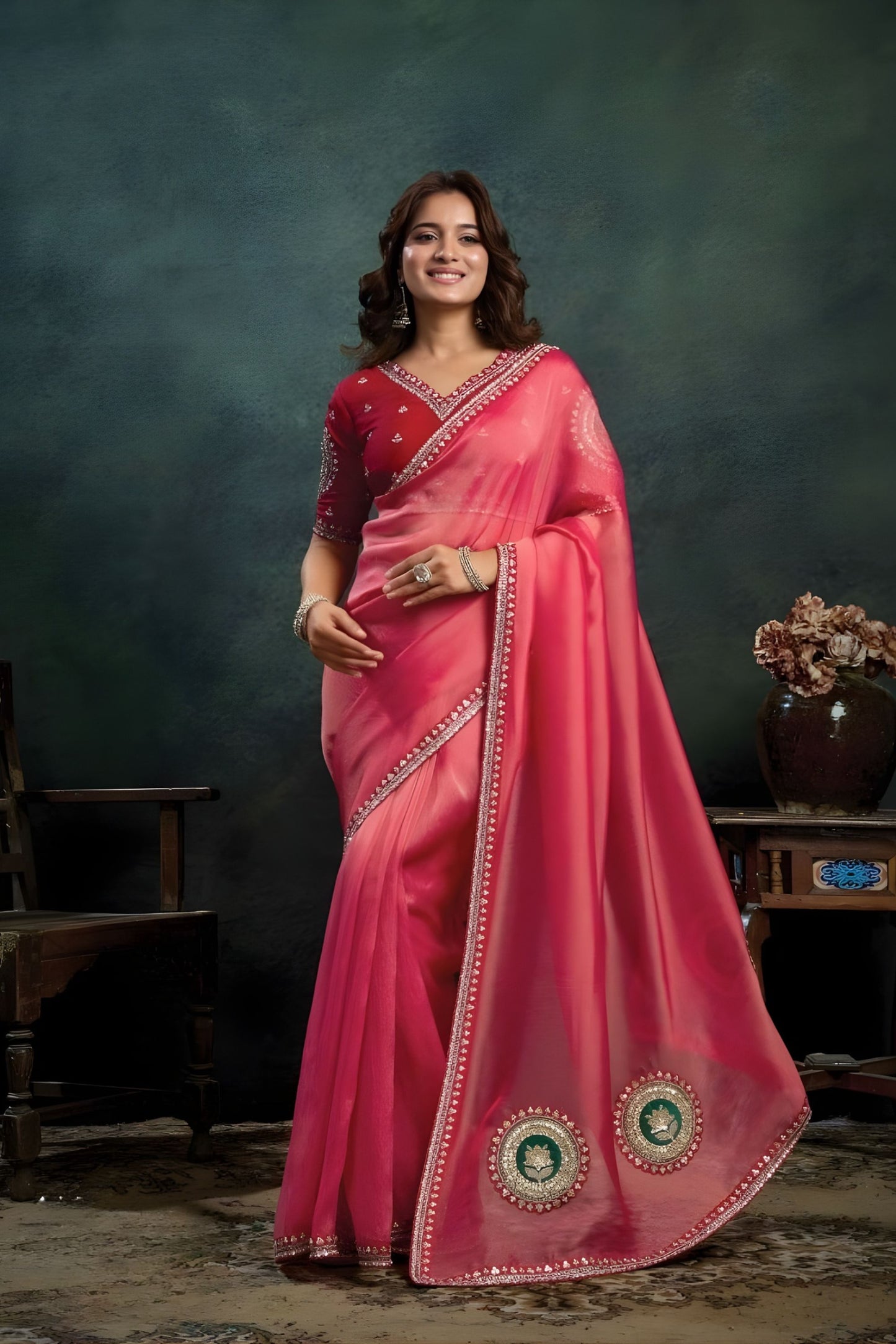 Rani Pink Organza Silk Saree with Embroidered Border Designer Blouse