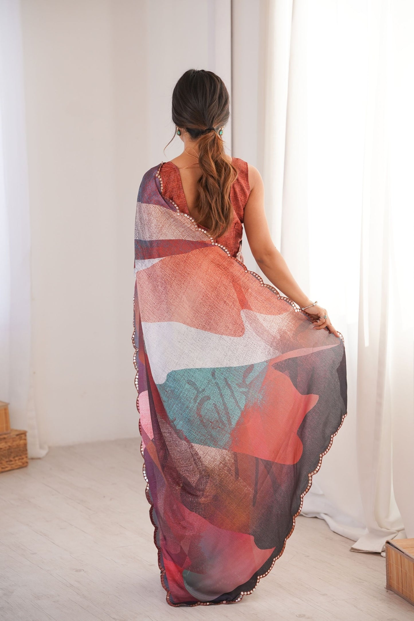 Multicolor Printed Georgette Saree Elegant Border Matching Blouse