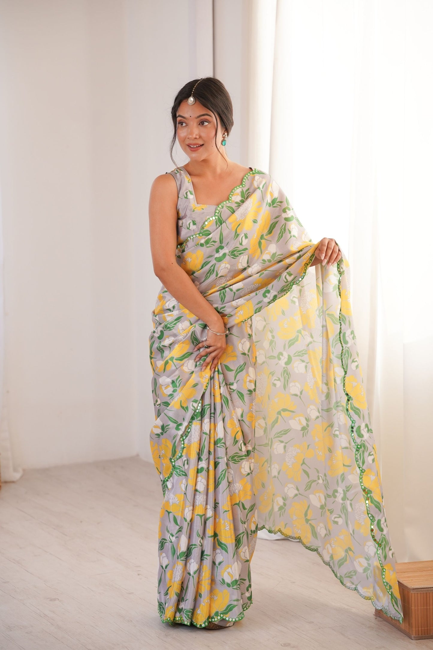 Grey Yellow Floral Printed Georgette Saree with Embellished Border