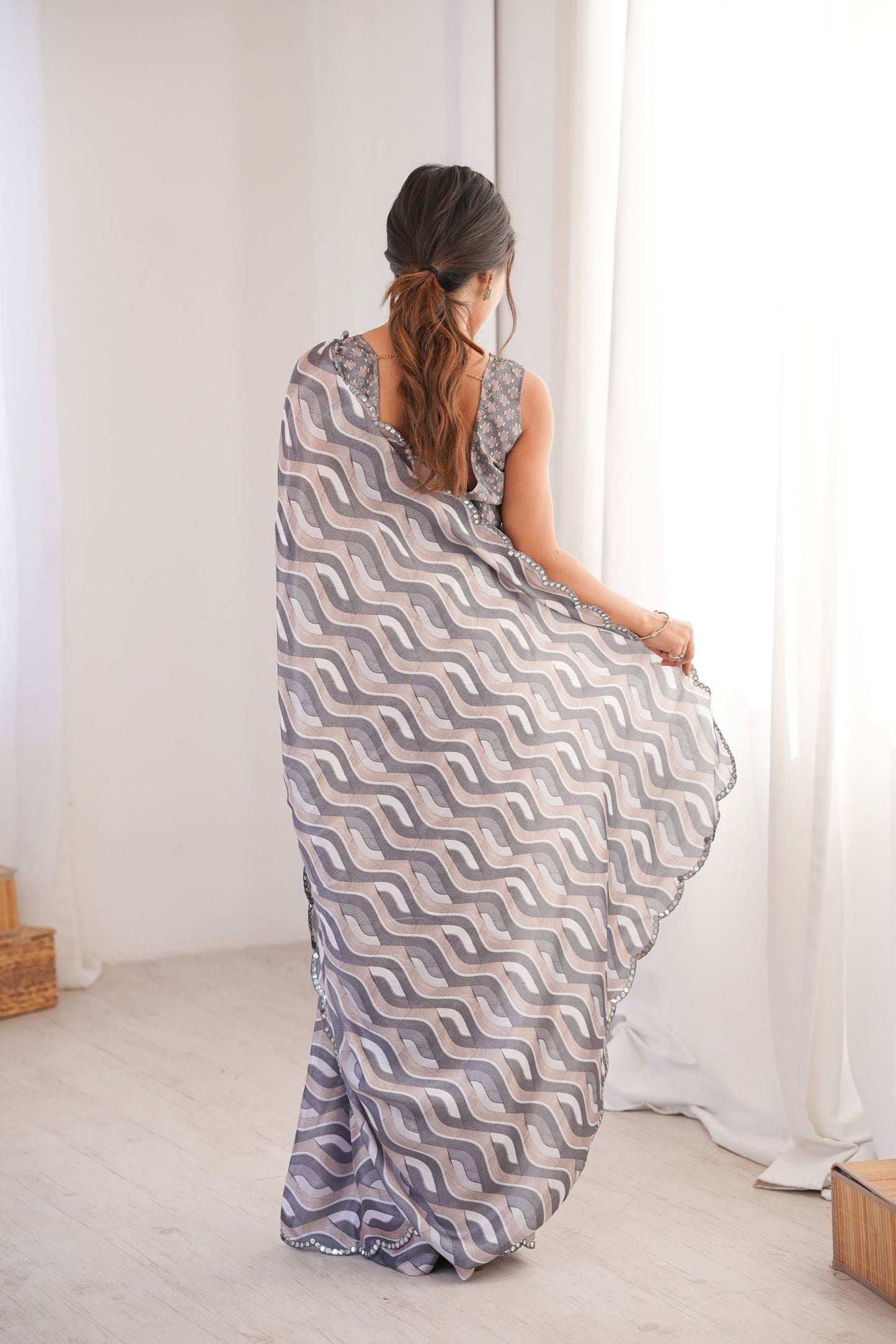 Grey Wavy Printed Georgette Saree Embellished Border Matching Blouse