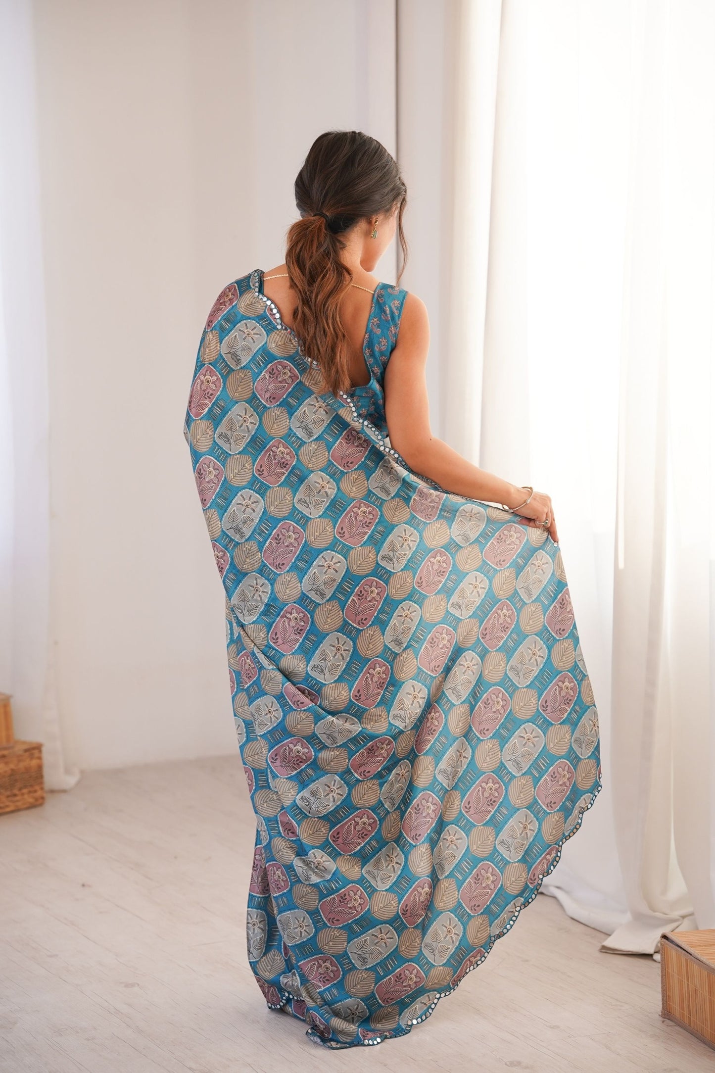 Teal Blue Printed Georgette Saree Mirror Work Border Matching Blouse