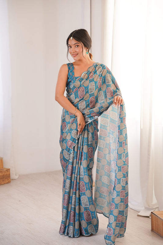 Teal Blue Printed Georgette Saree Mirror Work Border Matching Blouse