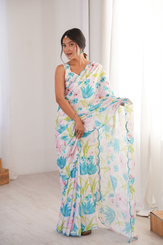 White Floral Printed Georgette Saree with Border Matching Blouse