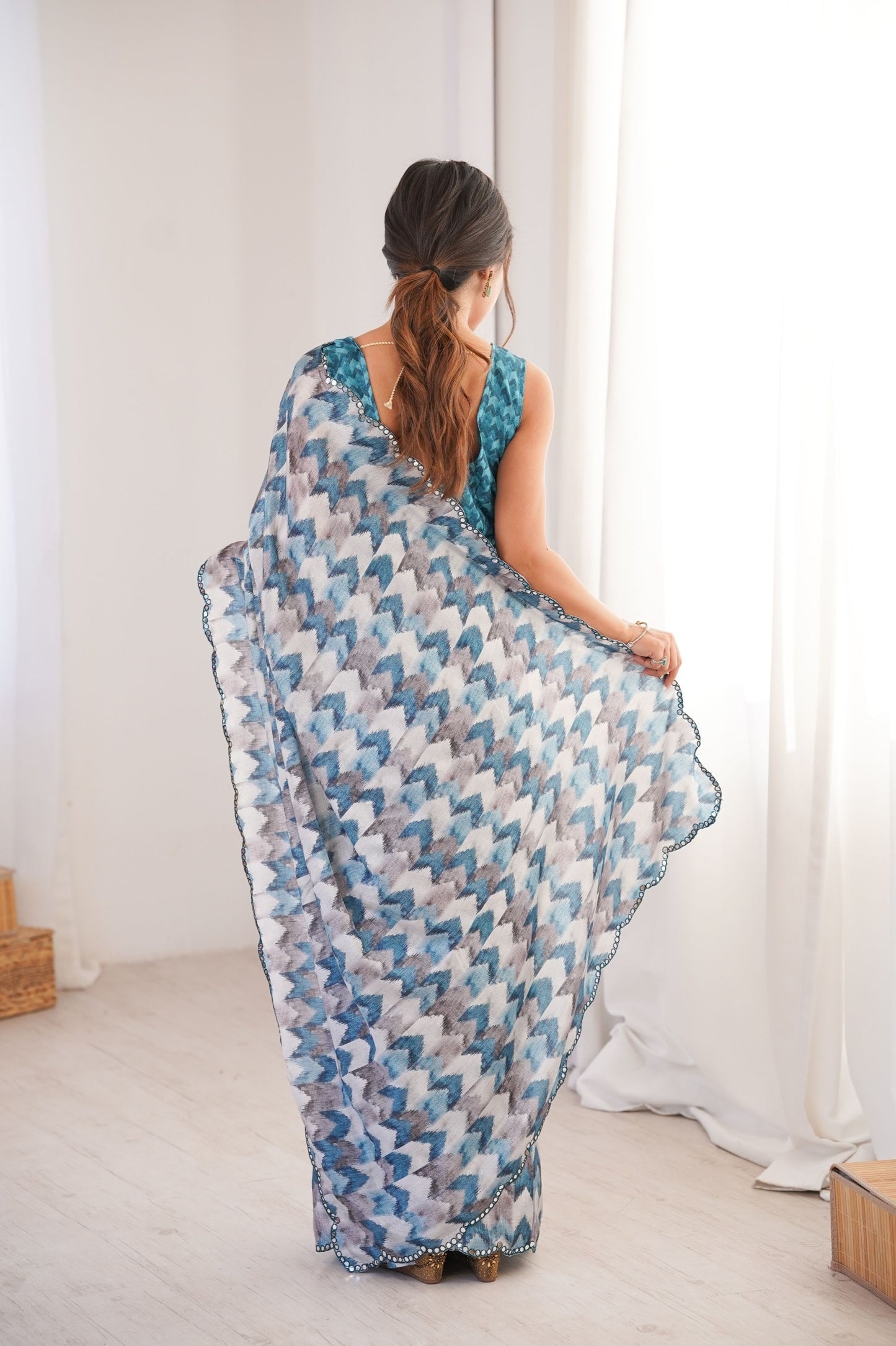 Blue Grey Printed Georgette Saree with Border Matching Blouse