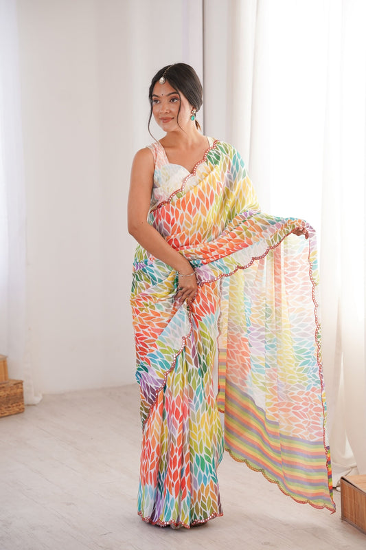 Multicolor Leaf Printed Georgette Saree with Lace Border