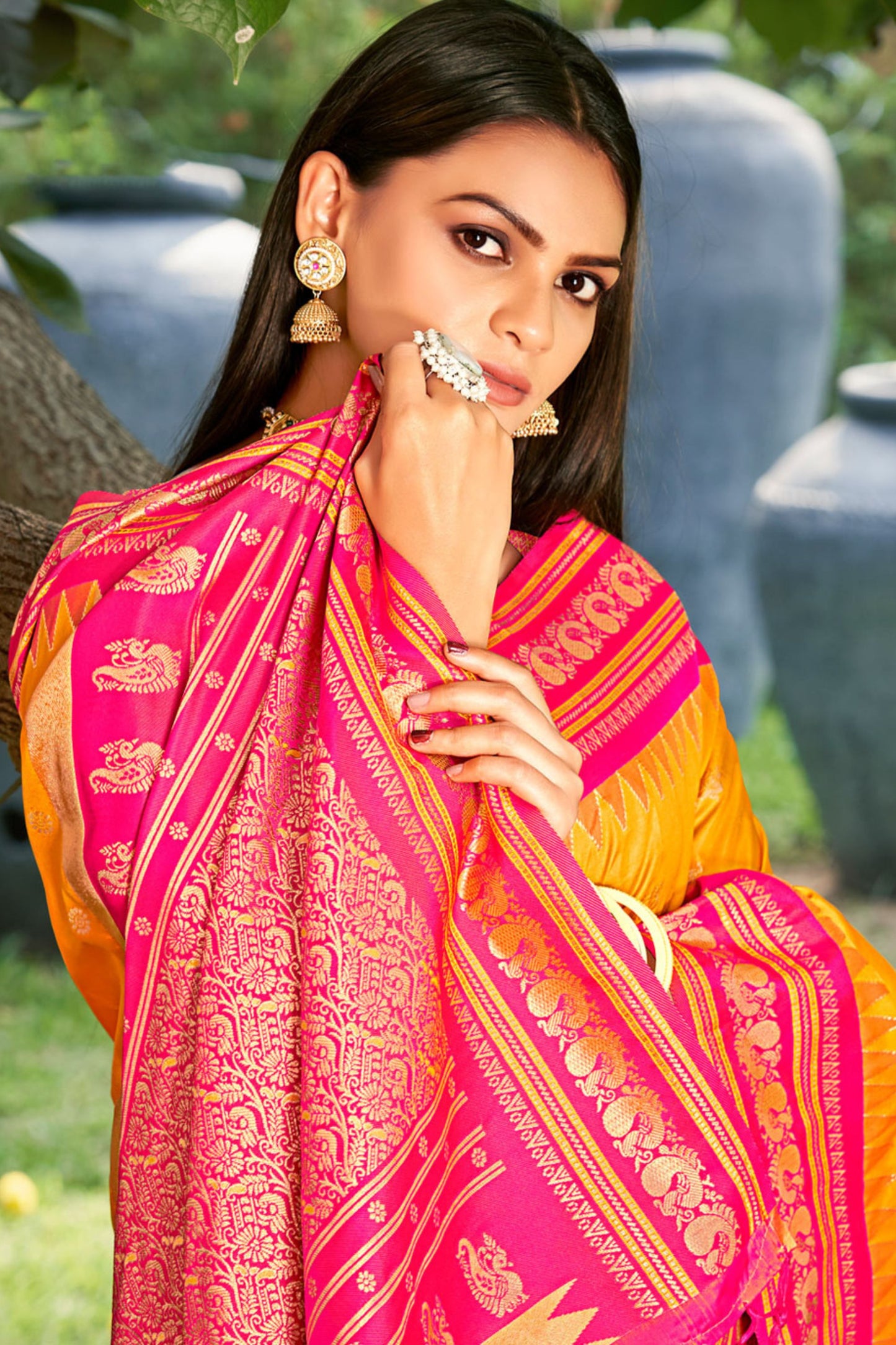 Mustard Yellow Paithani Silk Saree with Pink Gold Zari Border