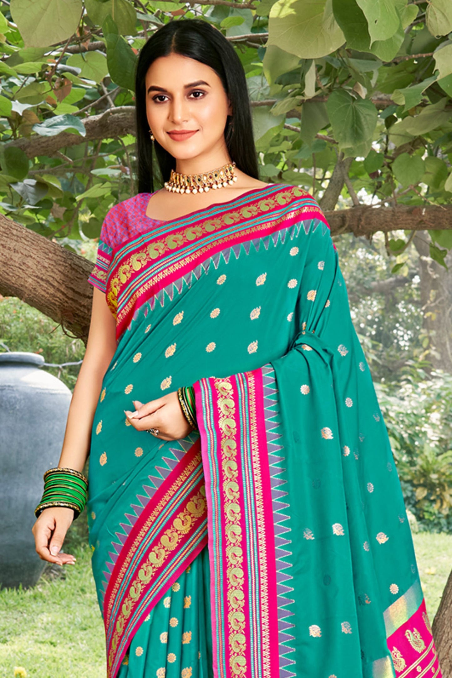 Teal Green Paithani Silk Saree with Pink Gold Zari Border