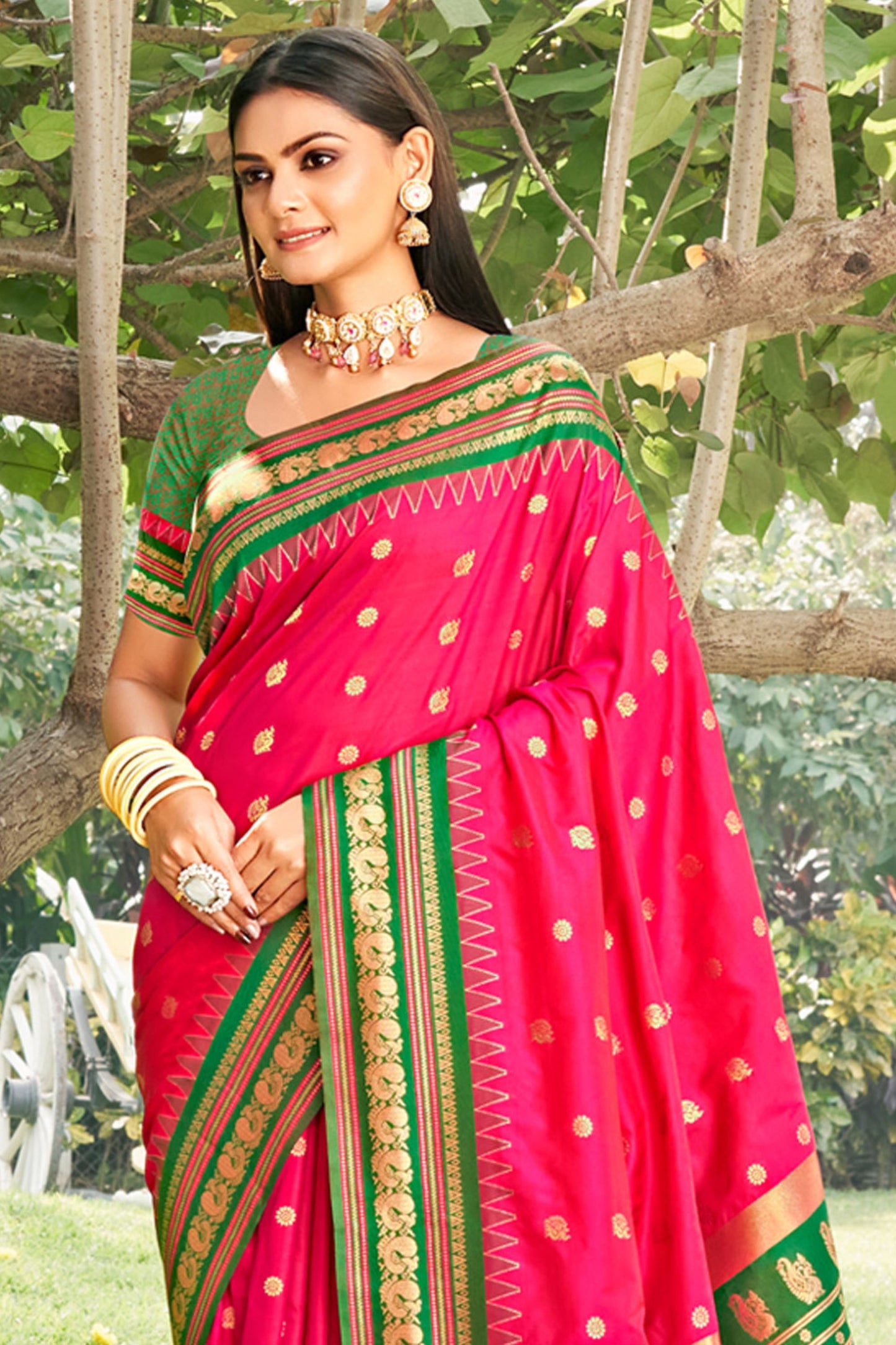 Rani Pink Paithani Silk Saree with Green Gold Zari Border Traditional Wear