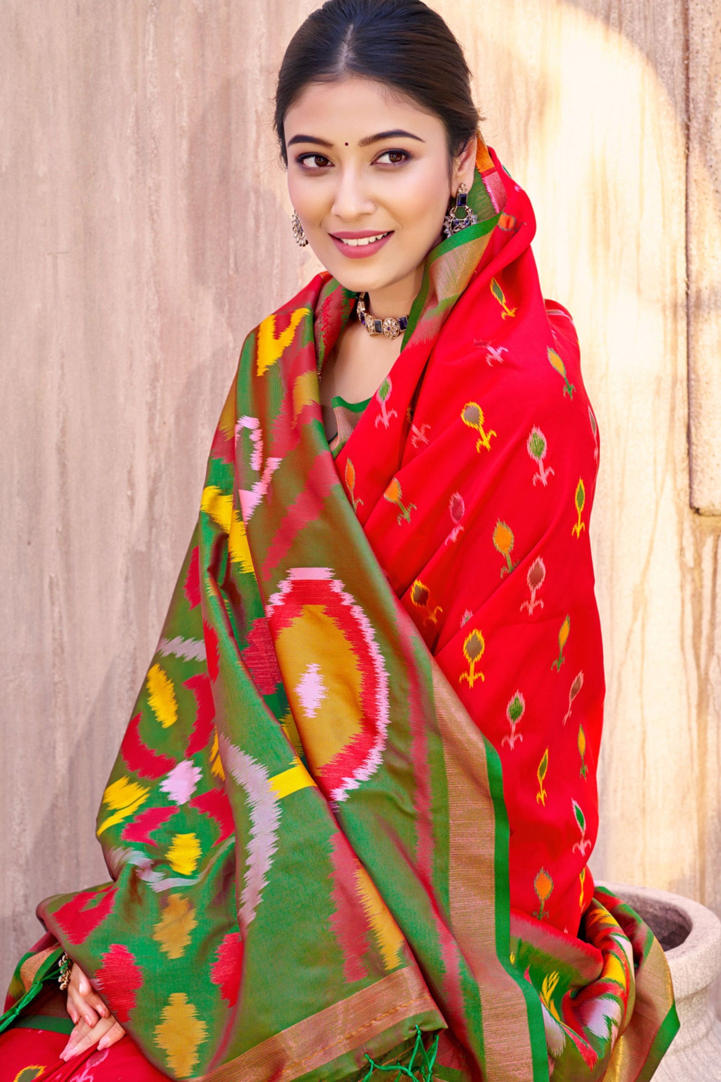 Red Green Ikat Silk Saree with Traditional Motifs Rich Pallu Contrast Border