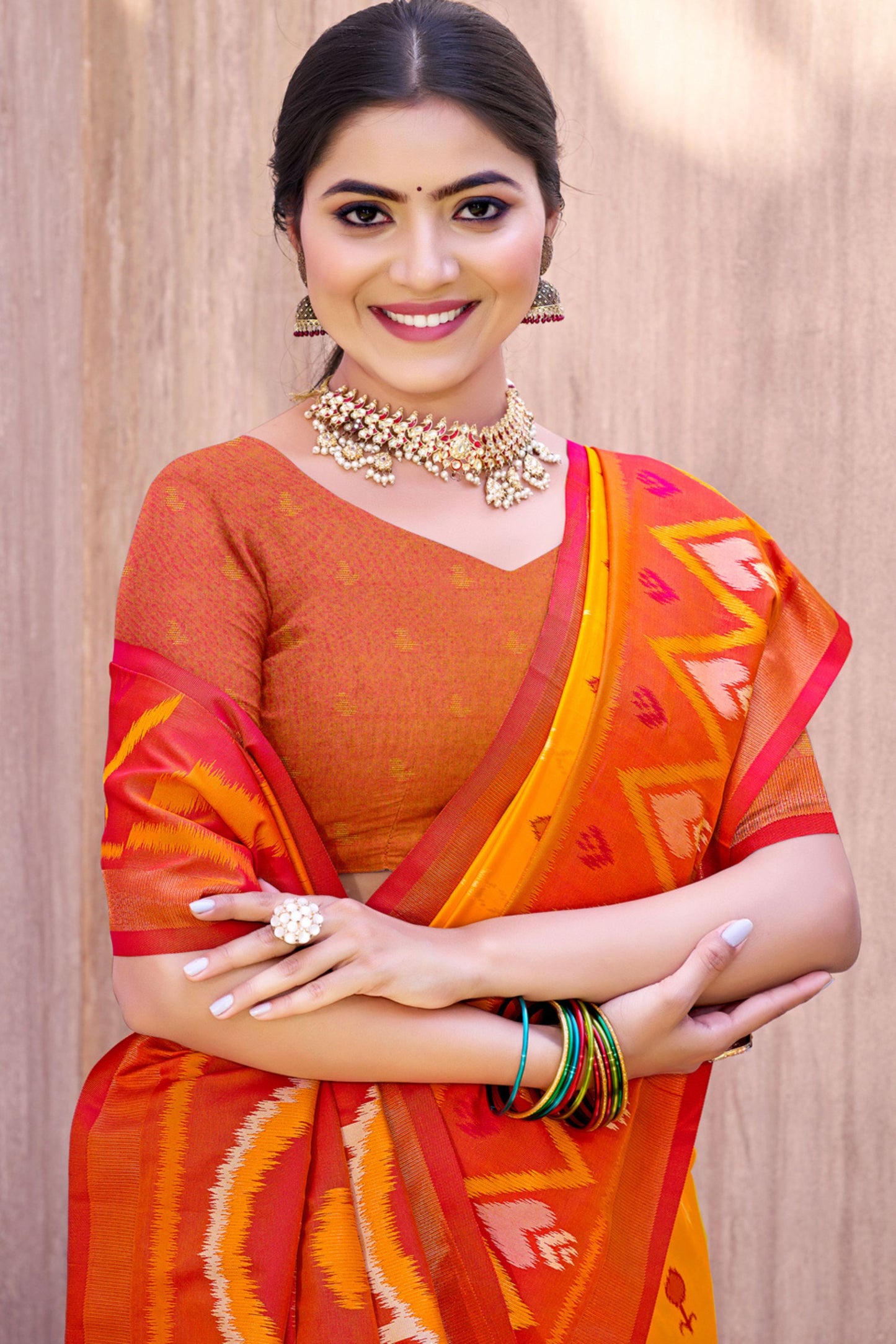 Mustard Yellow Red Ikat Silk Saree Traditional Woven Motifs Contrast Border