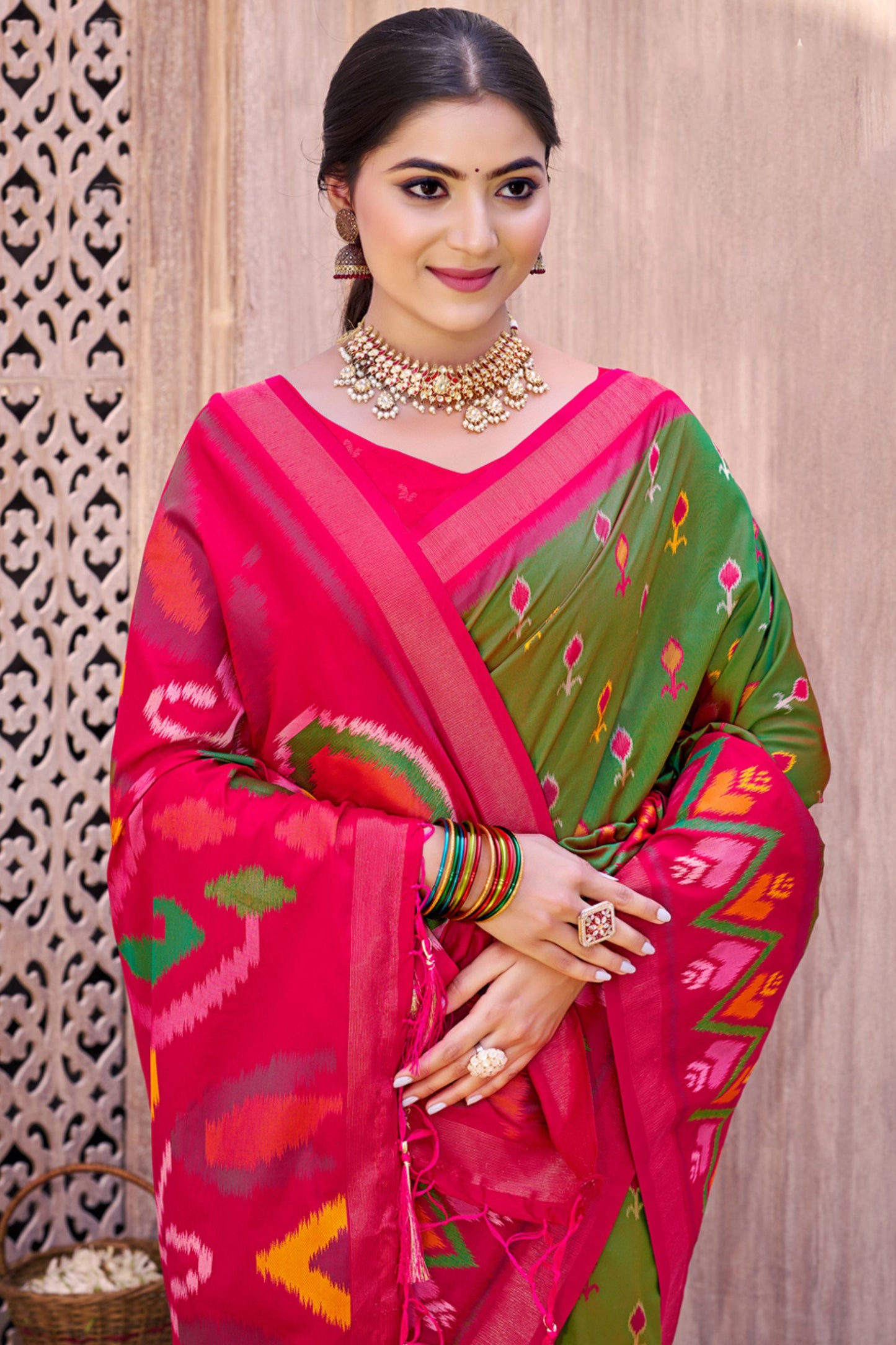 Green Pink Ikat Silk Saree with Traditional Woven Motifs Contrast Border