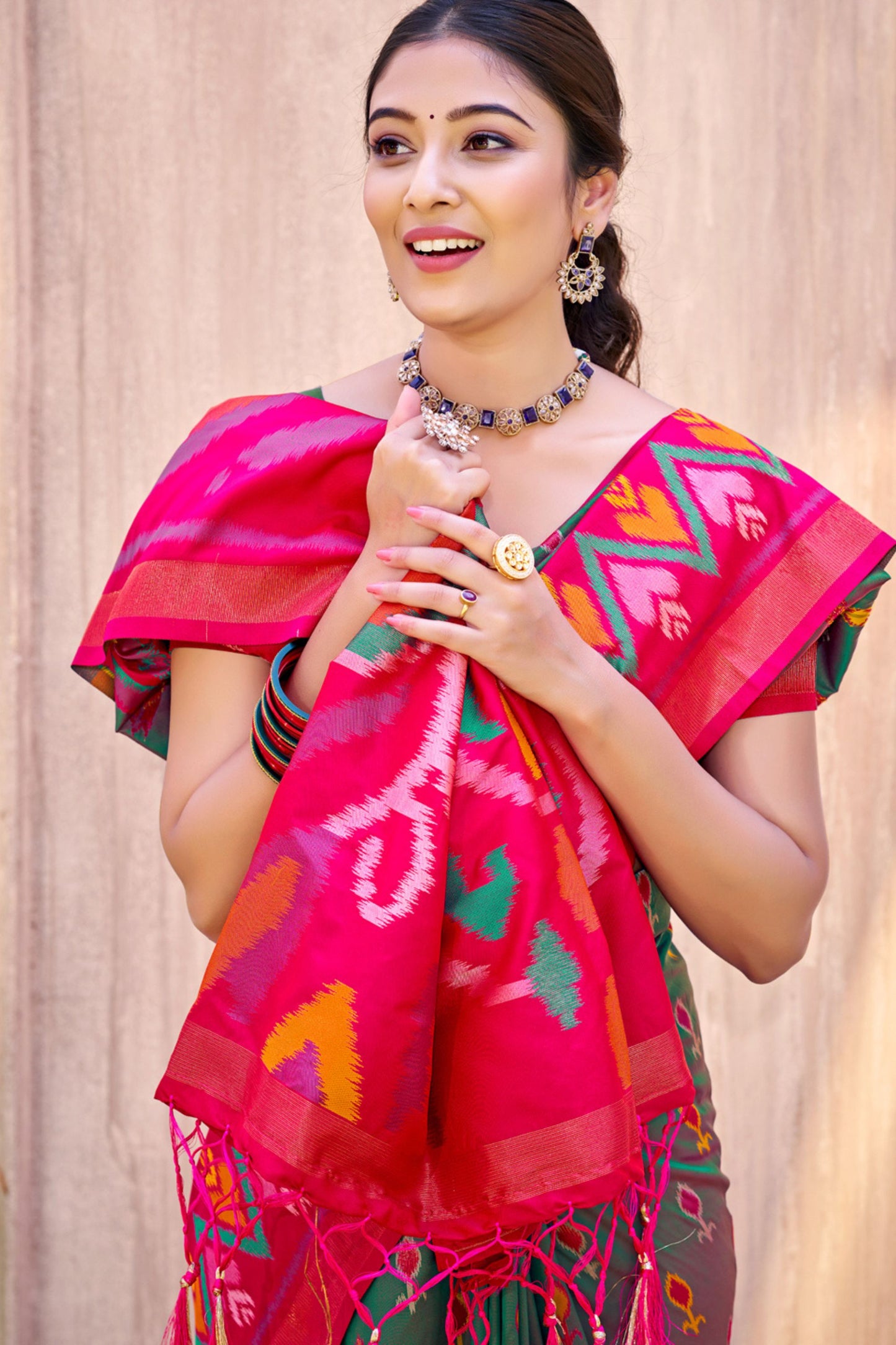Green Magenta Ikat Silk Saree Traditional Woven Motifs Contrast Border