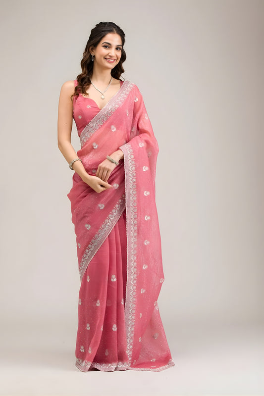 Elegant Rose Pink Embroidered Crunchy Chiffon Saree with Designer Blouse for Wedding