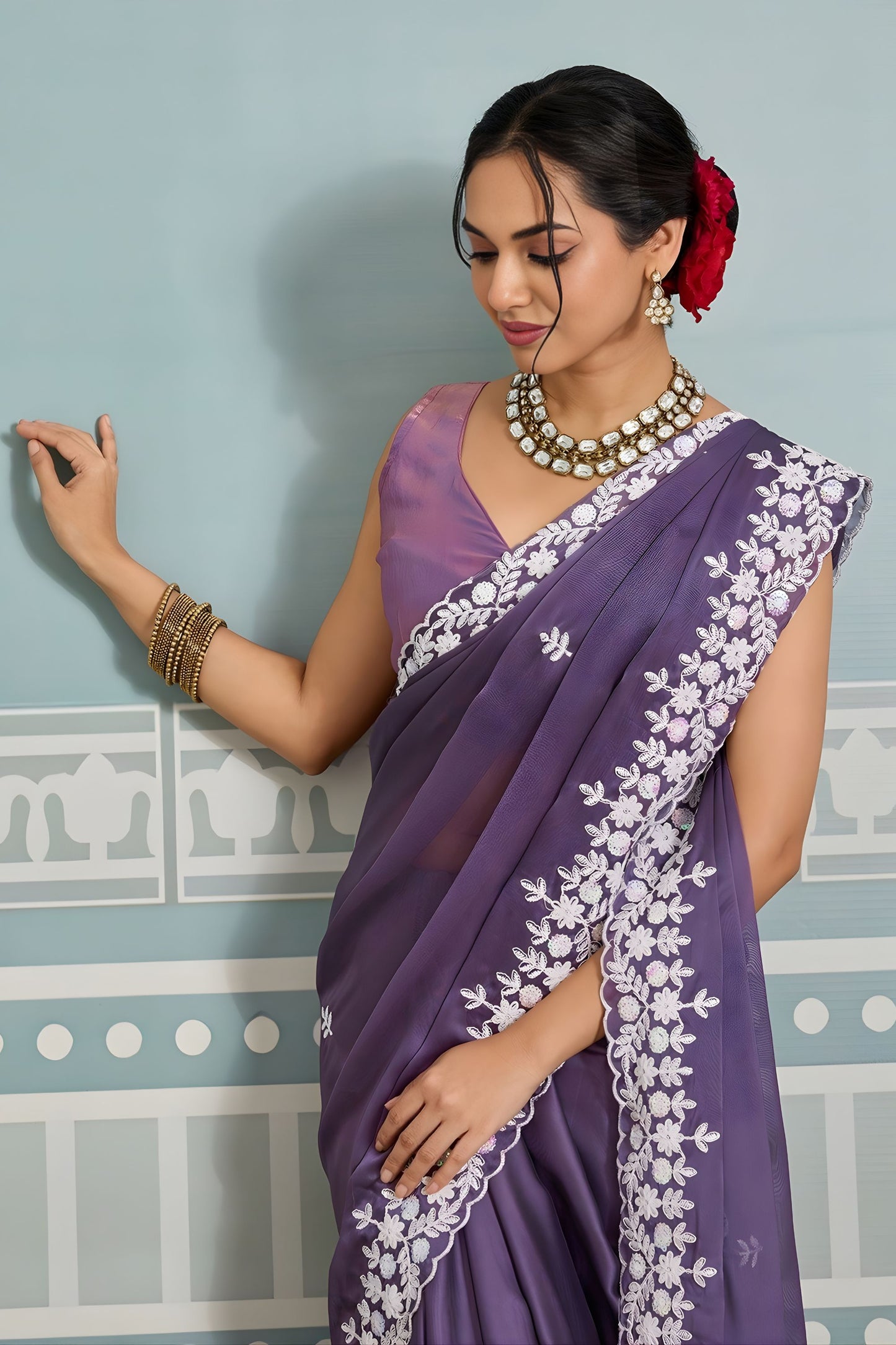 Lavender Organza Silk Saree with White Floral Embroidery Border