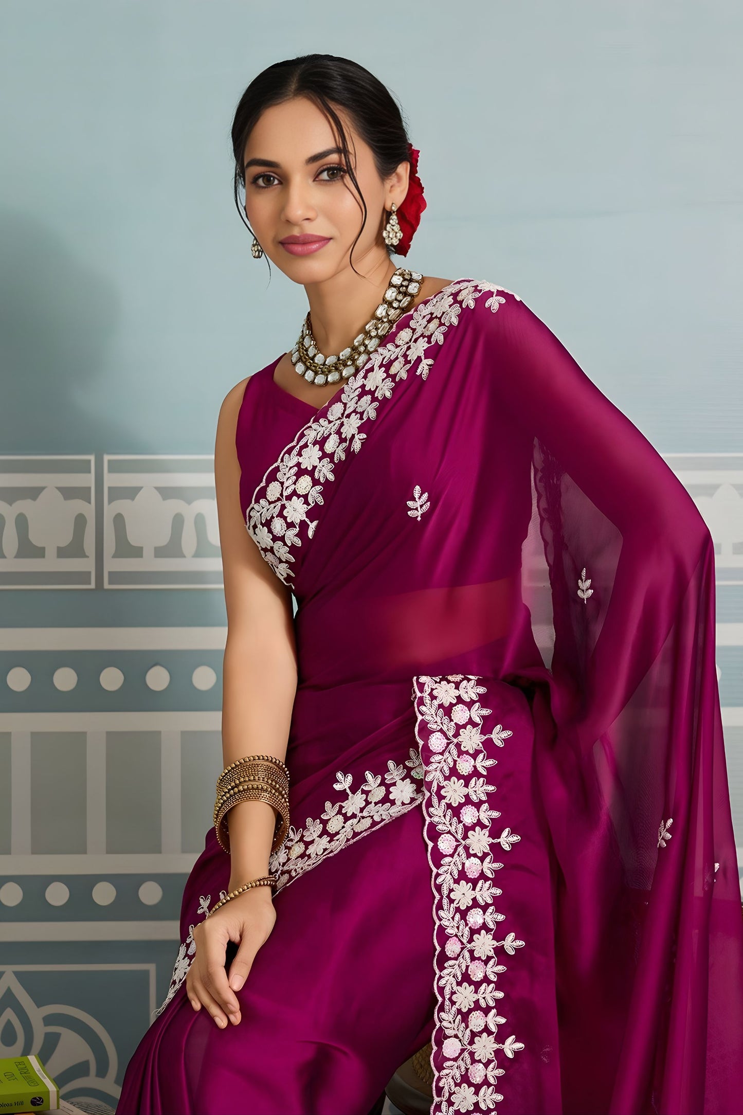 Rani Pink Organza Silk Saree with White Floral Embroidery Border