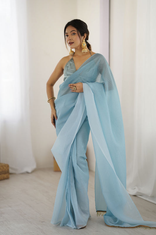 Sky Blue Organza Saree with Drape Designer Blouse Party Wear