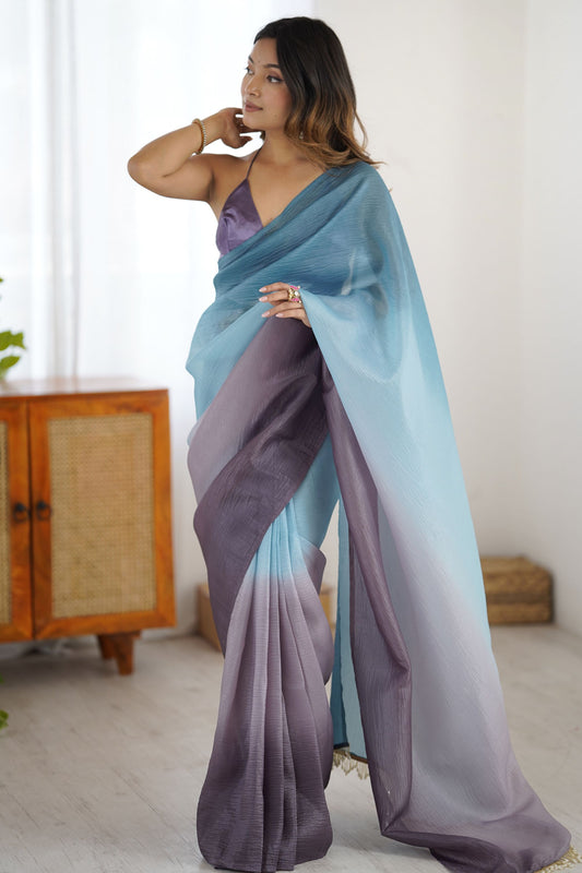 Teal Blue Lavender Organza Saree Designer Gradient Party Wear