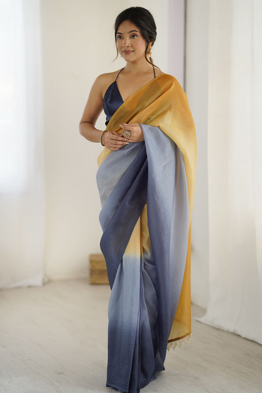 Mustard Yellow Navy Blue Ombre Organza Saree Party Wear