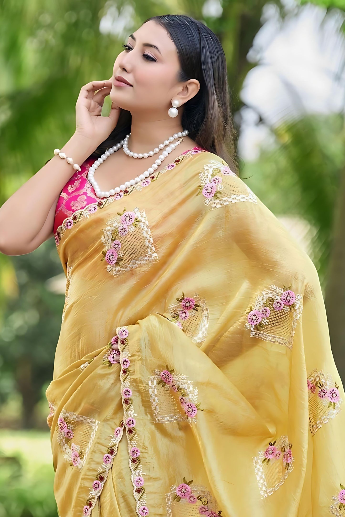 Mustard Yellow Organza Saree with Floral Embroidery Designer Border