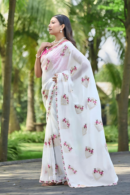 White Floral Embroidered Saree Soft Saree Pink Thread Work Border