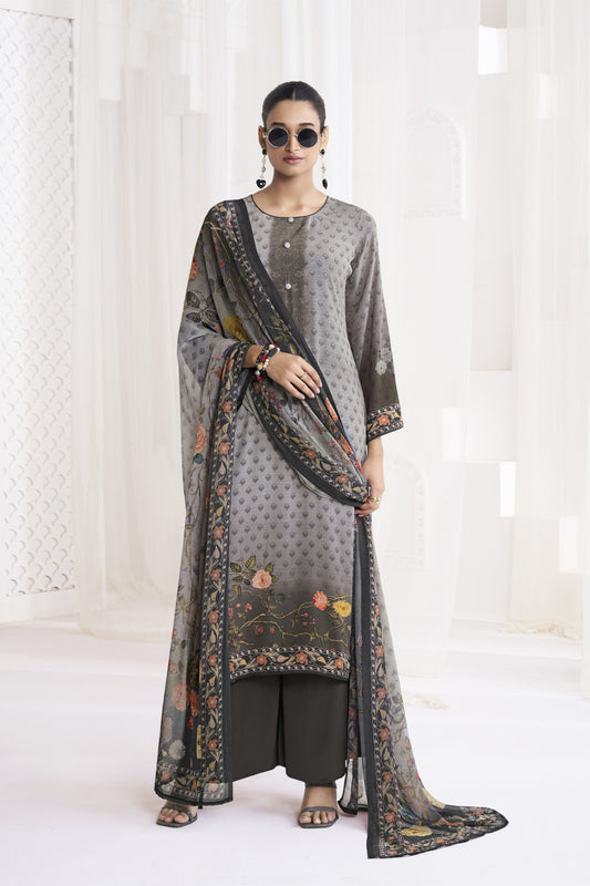 Elegant Grey Crepe Digital Printed Salwar Suit with Dupatta for Women