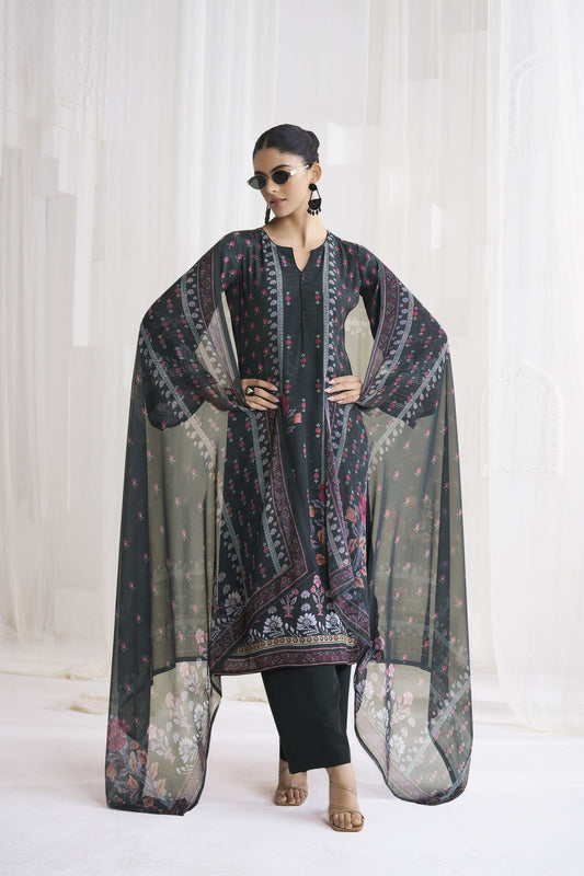 Amazing Black Crepe Digital Printed Salwar Suit with Dupatta for Women