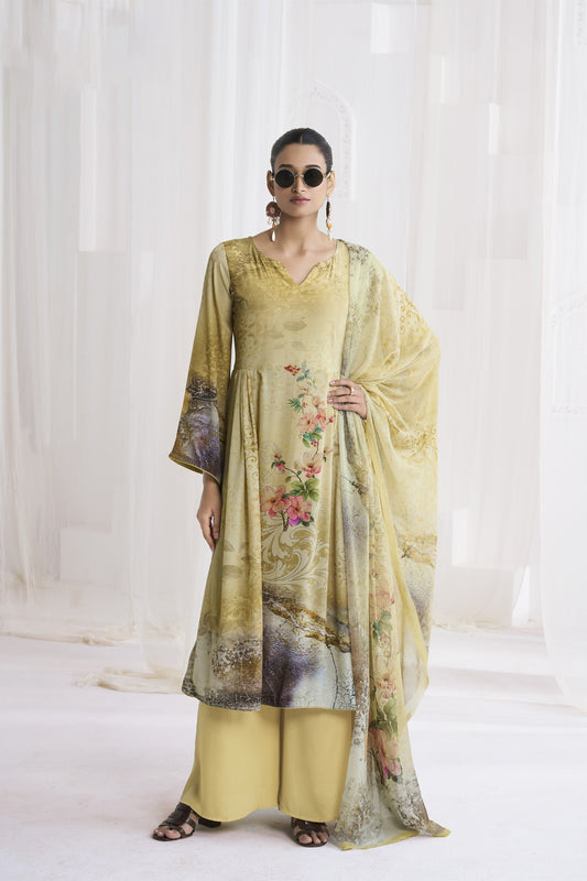 Delicate Yellow Crepe Digital Printed Salwar Suit with Dupatta for Women
