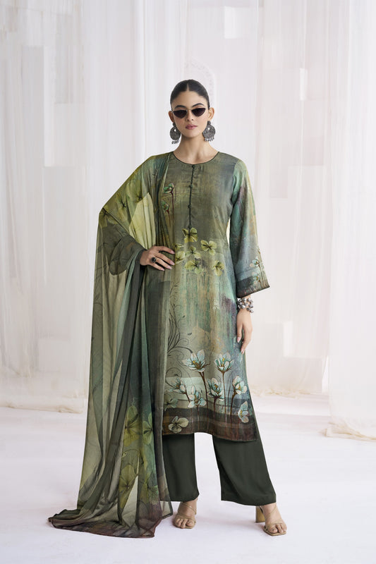 Designer Olive Green Crepe Digital Printed Salwar Suit with Dupatta for Women