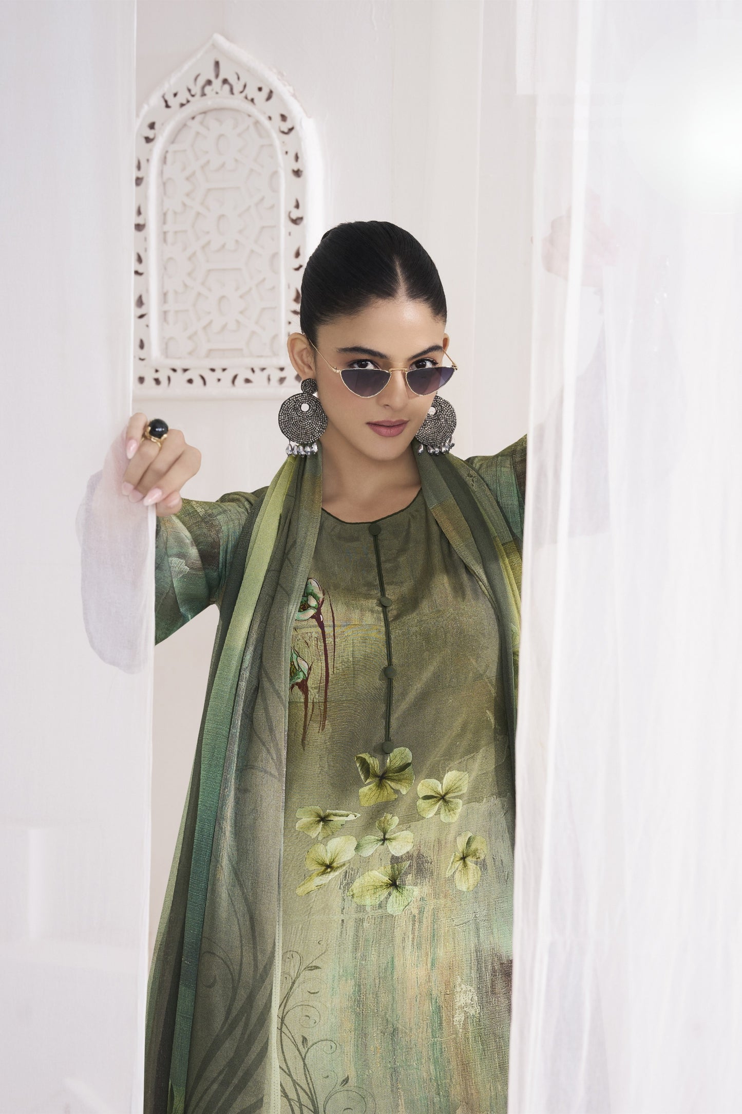 Designer Olive Green Crepe Digital Printed Salwar Suit with Dupatta for Women