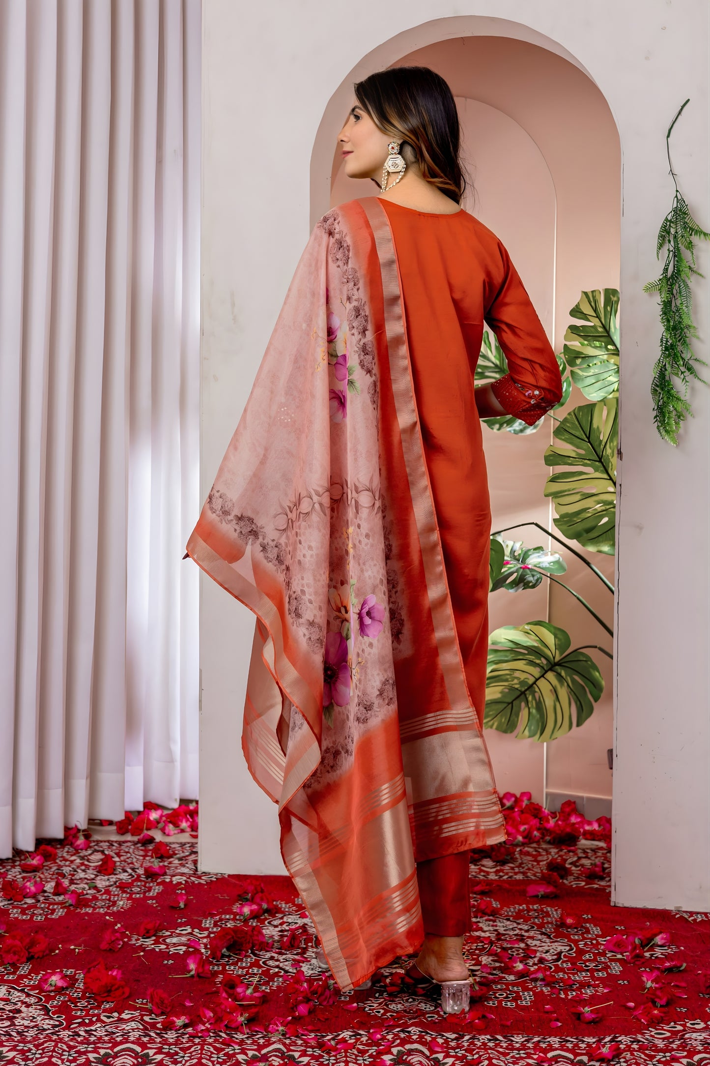 Graceful Rust Orange Embroidered Viscose Silk Readymade Salwar Suit with Dupatta for Women