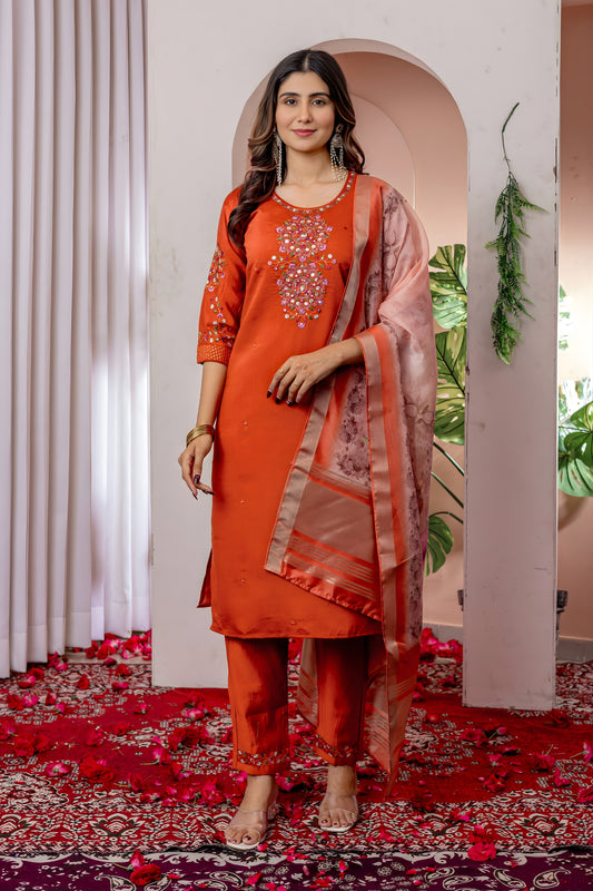 Graceful Rust Orange Embroidered Viscose Silk Readymade Salwar Suit with Dupatta for Women