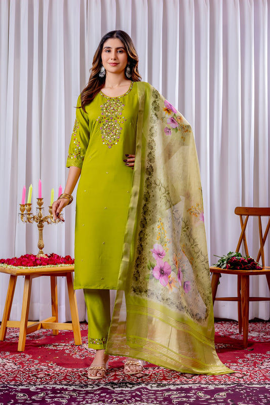 Traditional Lime Green Embroidered Viscose Silk Readymade Salwar Suit with Dupatta for Women
