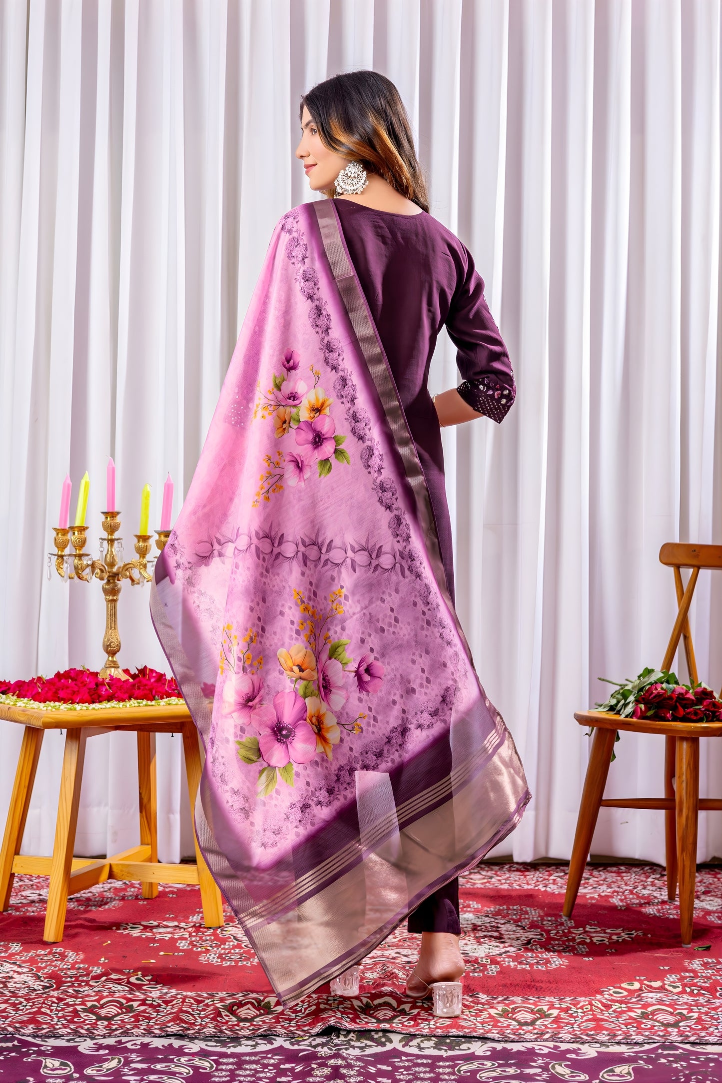 Amazing Wine Embroidered Viscose Silk Readymade Salwar Suit with Dupatta for Women