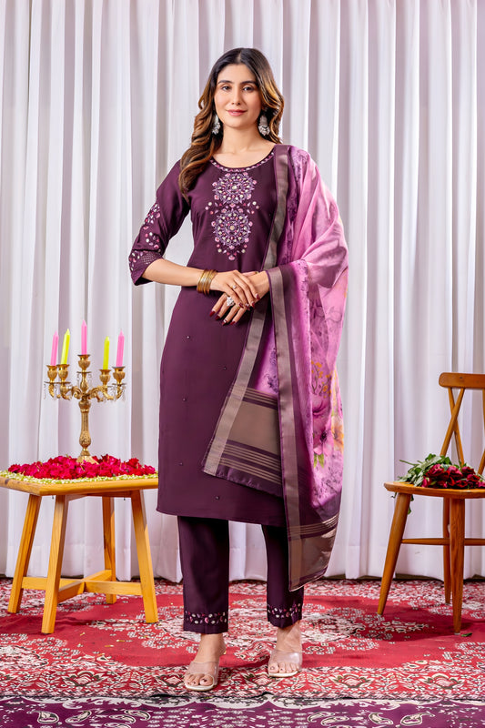 Amazing Wine Embroidered Viscose Silk Readymade Salwar Suit with Dupatta for Women