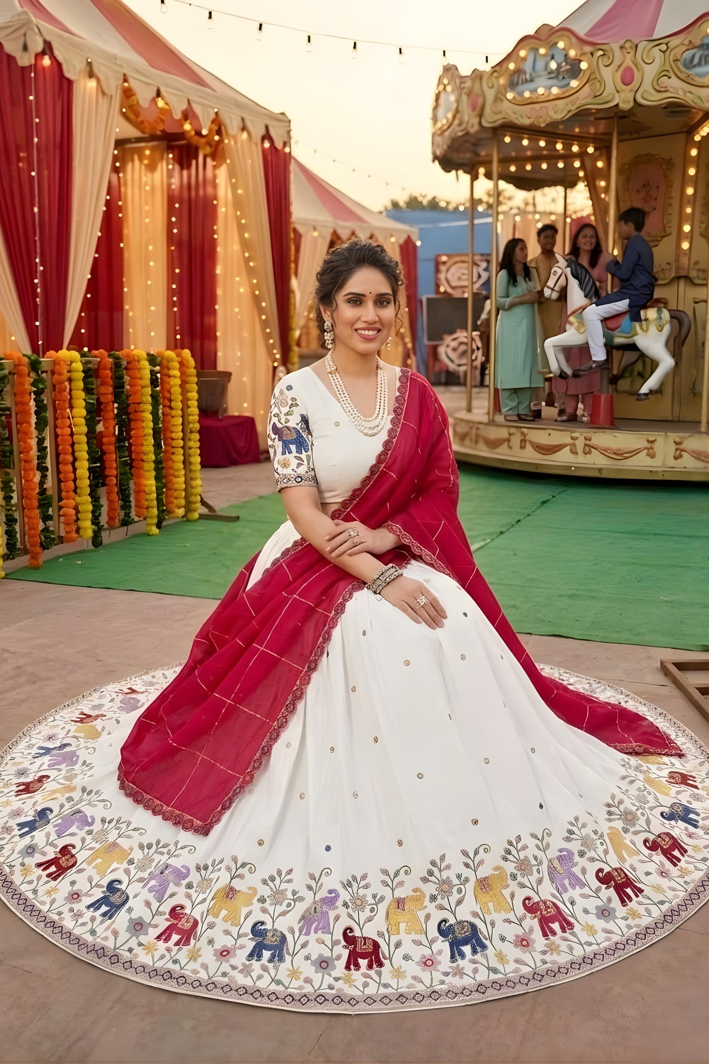 Stunning White Georgette Lehenga Choli with Elephant Motif Border and Pink Dupatta for Women