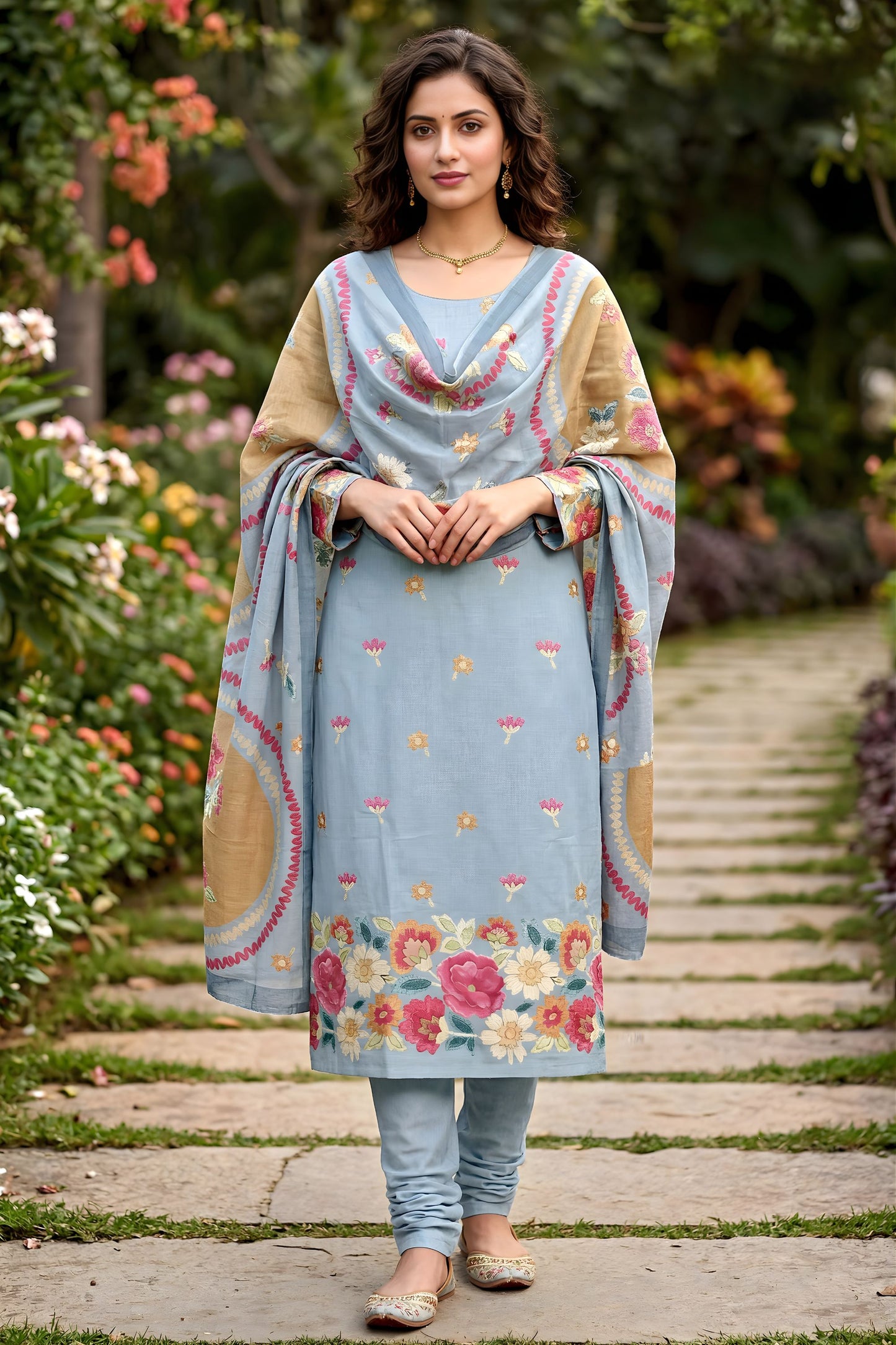 Royal Sky Blue Pure Cotton Digital Printed Work Straight Suit with Matching Dupatta