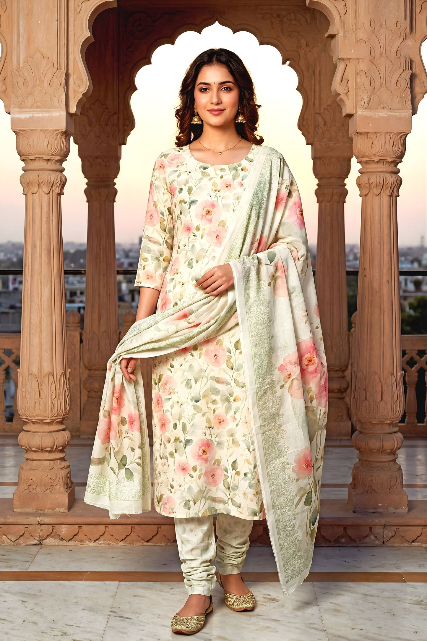 Royal Off White Pure Cotton Digital Printed Work Straight Salwar Suit with Dupatta