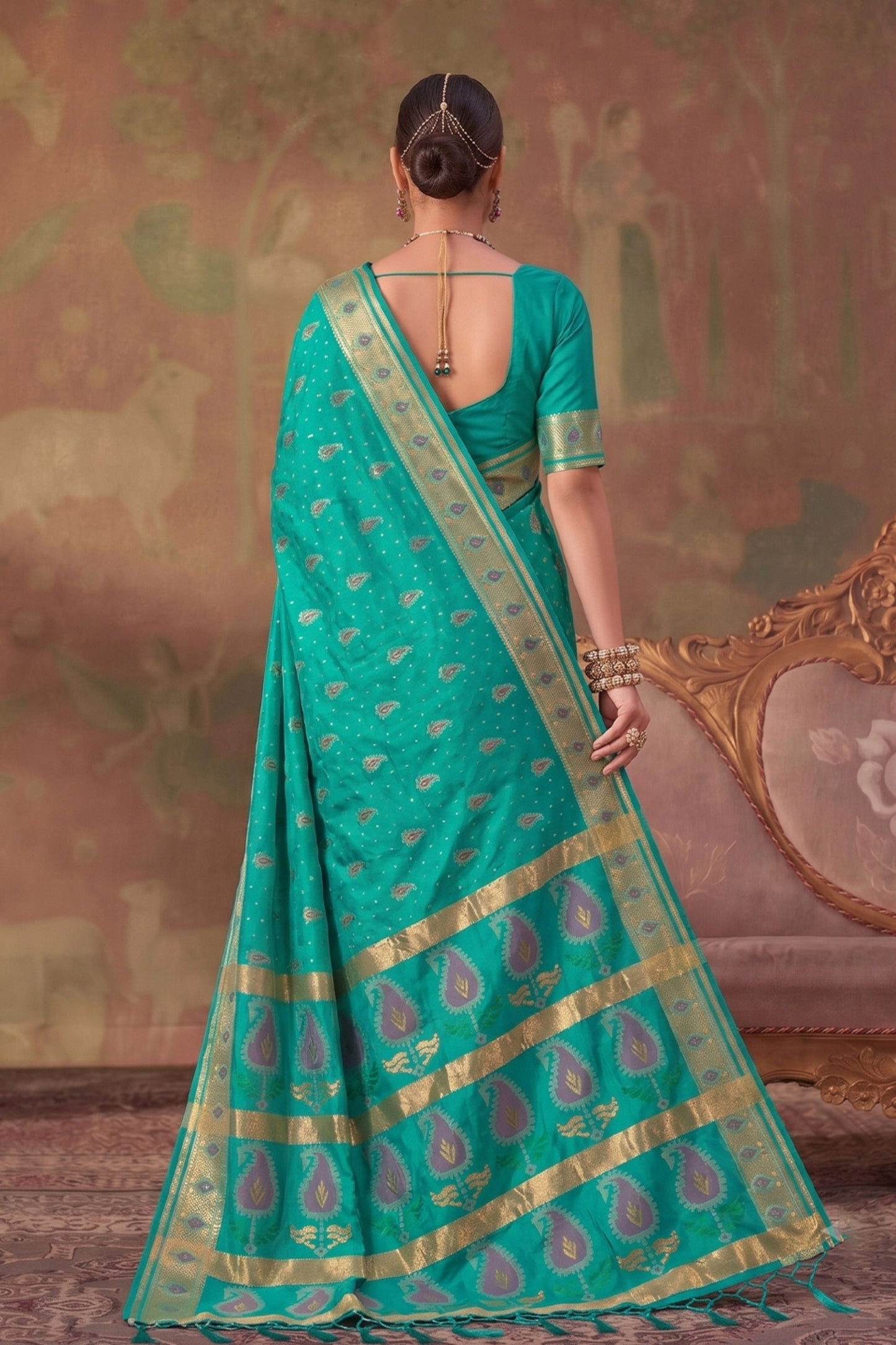 Stunning Teal Green Soft Silk Woven Jacquard Border for Women