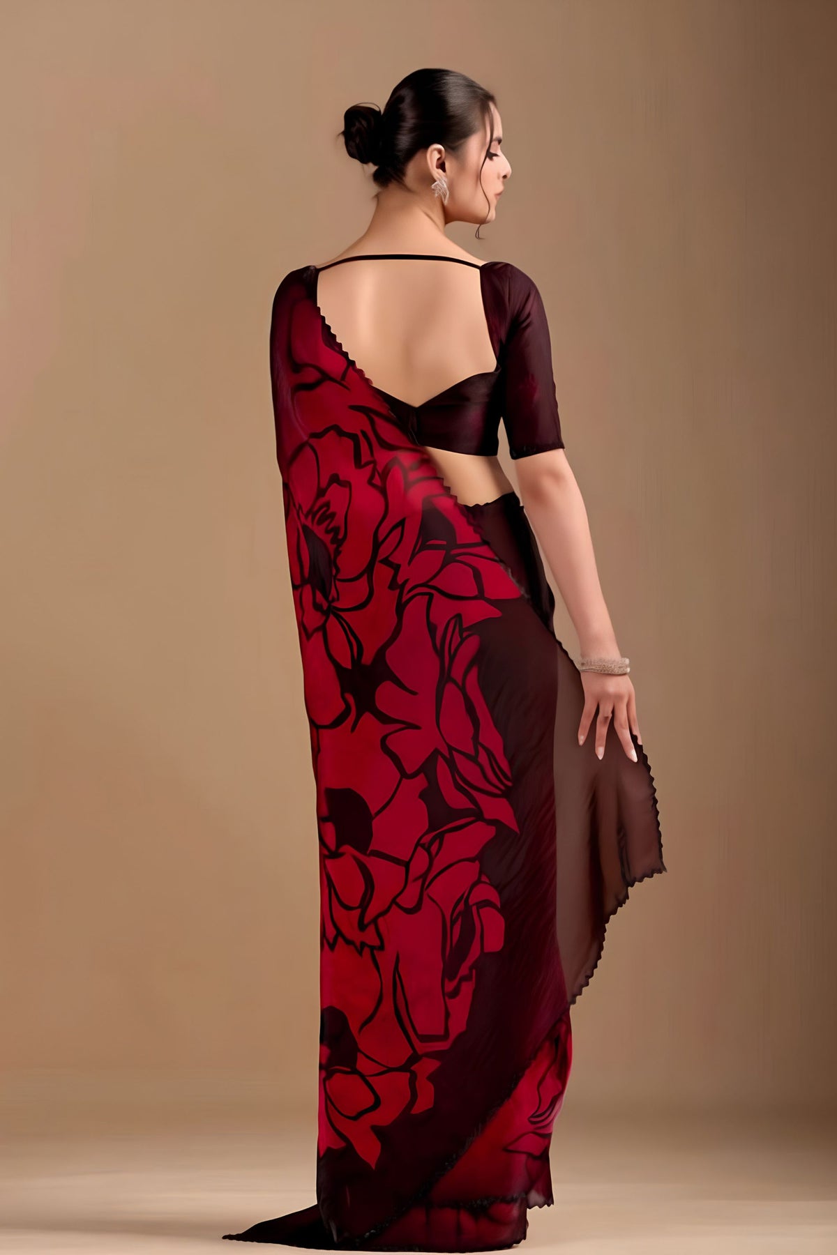 Stunning Red Space Silk Floral Print With Zarkan Border Work Saree for Women