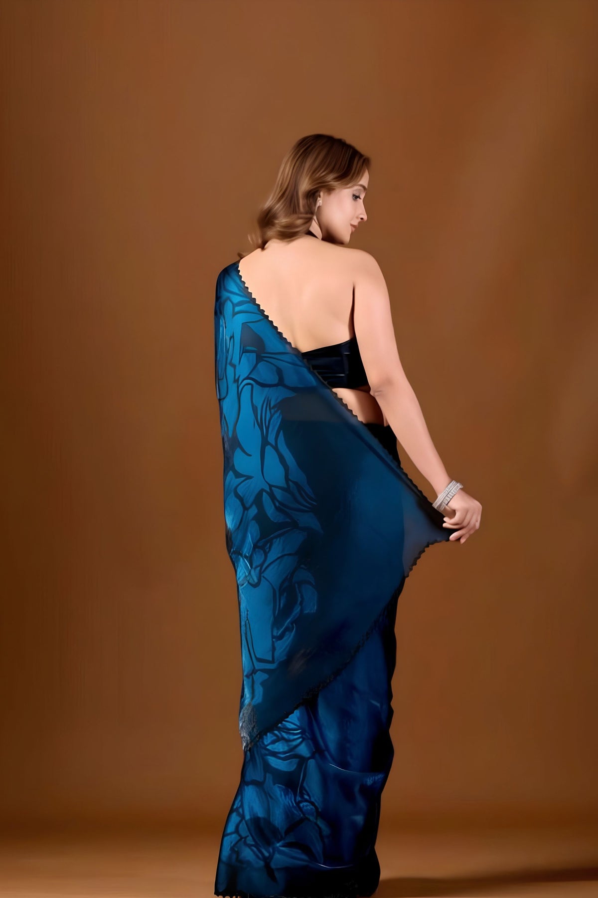 Royal Blue Space Silk Floral Print With Zarkan Border Work Saree for Women